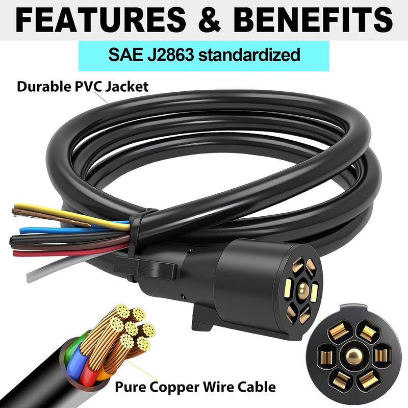 CXTM 7 Way Trailer Cord 7 Way Trailer Plug Inline Cord Wire Harness Double Prongs Connector 7 pin Trailer Wiring Harness 6 Feet for Camper Blade Molded RV Wire(6ft) - Image 3